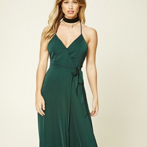 FOREVER 21 Hunter Green Maxi Wrap Dress Size Medium - Picture 1 of 6